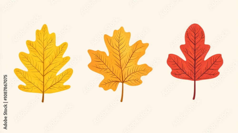 Fototapeta premium Set of autumn leaves from different trees, oak, maple, chestnut. Simple, yellow, red, orange fall leaf set for pattern, banner, sticker, Hello autumn card. Flat vector