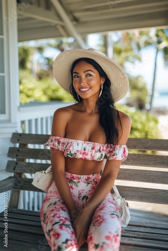 Young woman in floral outfit smiling on a wooden bench at a sunny coastal loc...