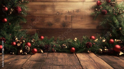 Christmas garland and decorations, pine cones, and festive greenery, set against a rustic wooden background.