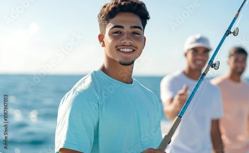 Young boys enjoying a fishing trip on a sunny day in clear blue waters