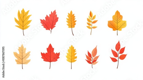 Set of autumn leaves from different trees, oak, maple, chestnut. Simple, yellow, red, orange fall leaf set for pattern, banner, sticker, Hello autumn card. Flat vector