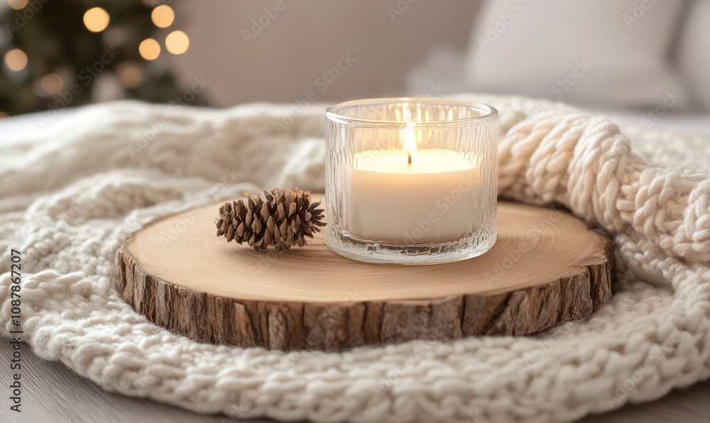 A lit candle placed on a wooden slice tray, surrounded by a textured knitted blanket, crafting a scene of comfort and coziness in a warmly lit interior space A lit candle placed on a wooden slice tray, surrounded by a textured knitted blanket, crafting a scene of comfort and coziness in a warmly lit interior space