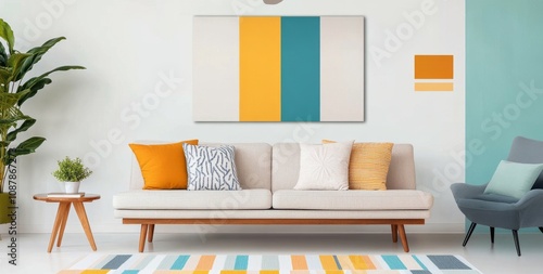 A woman relaxes on a couch in a colorful living room with modern art on the w...