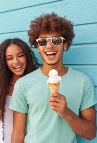 Young couple enjoying ice cream in front of a bright blue wall during a sunny...