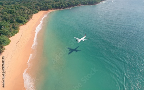 Aerial view of airplane flying over clear turquoise water and sandy beach dur...