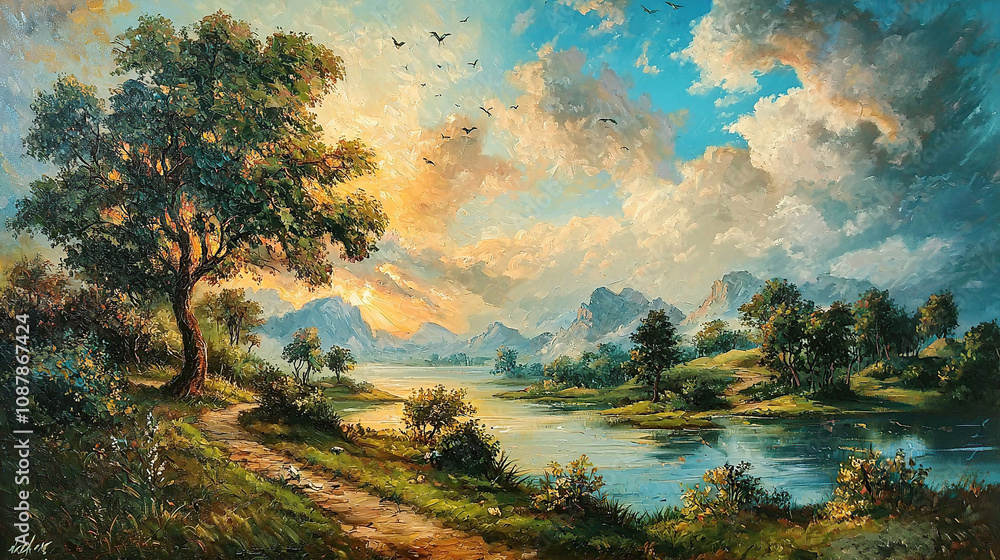 the cuntry, generative ai, landscape, architecture, curtoone, chasny house, background, art nouveau, city, skyline, skyscraper, building, water, lake, nature, autumn, river, sky, tree, reflection, 