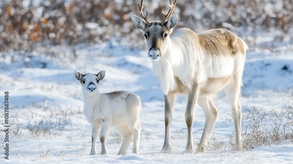 A reindeer and its calf stand together in a snowy landscape, embodying resilience and family bonds A reindeer and its calf stand together in a snowy landscape, embodying resilience and family bonds