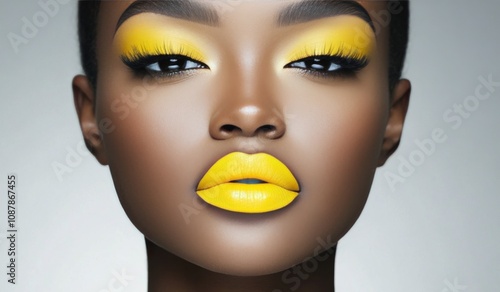 Close up of a models lips showcasing bright yellow lipstick against a blue ba...