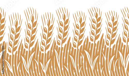 Wheat ears in field seamless decorative pattern. Design element for packaging of bakery, pastries, healthy food
