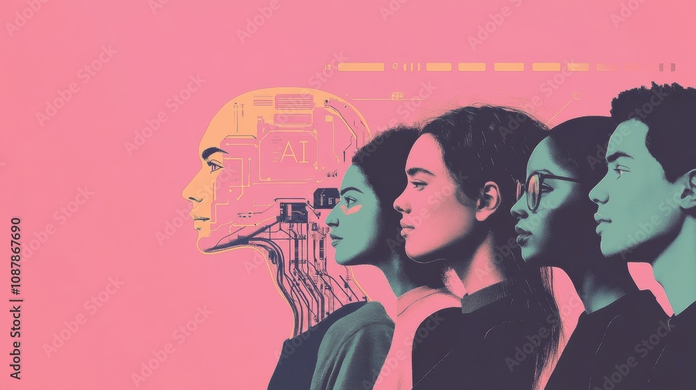 A diverse group of people engages with an abstract AI representation at a technology event, showcasing innovation and collaboration. Generative AI A diverse group of people engages with an abstract AI representation at a technology event, showcasing innovation and collaboration. Generative AI
