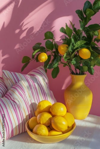 Bright and cheerful indoor decor featuring lemons, colorful pillows, and a vi...
