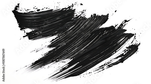 a bold, black paint stroke with a textured appearance. The brushstroke has a dynamic, irregular shape, displaying variations in thickness and opacity photo