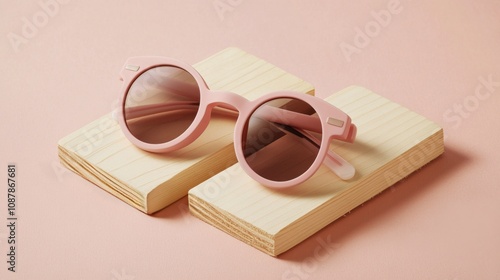 Stylish pink sunglasses resting on wooden blocks with a soft pink background