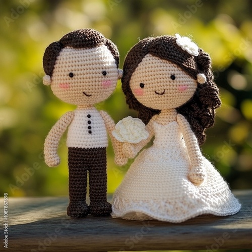 Crocheted bride and groon wedding romantic love story picture handmade decor handiwork  photo