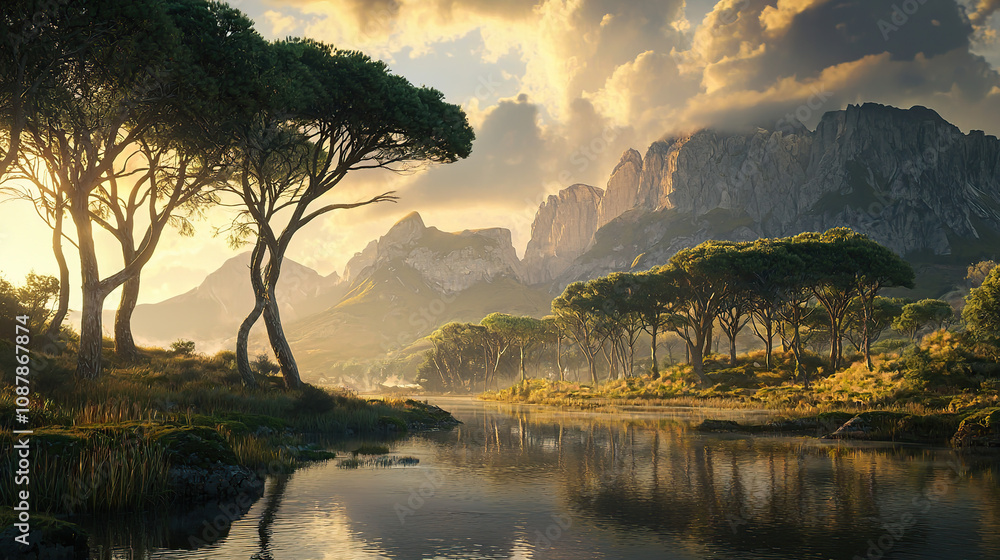 Fototapeta premium the cuntry, generative ai, landscape, architecture, curtoone, chasny house, background, art nouveau, city, skyline, skyscraper, building, water, lake, nature, autumn, river, sky, tree, reflection, 