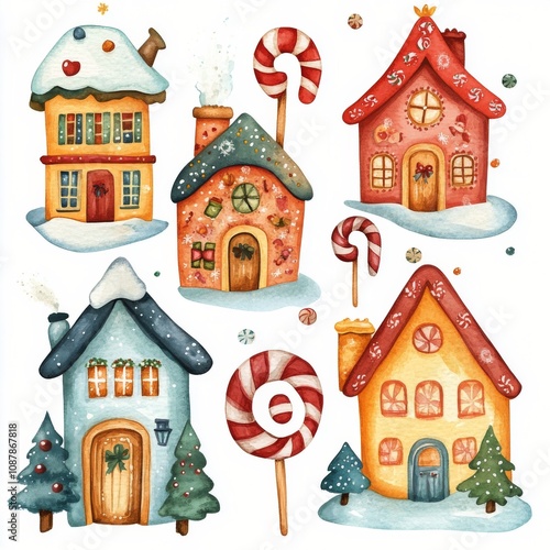 Colorful gingerbread houses decorated with candy canes and snow near evergree...