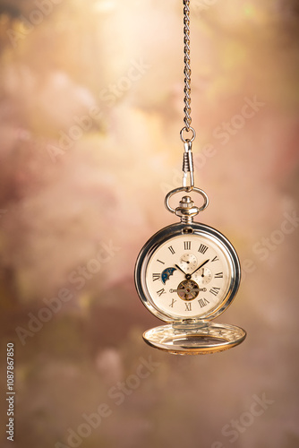 Pocket watch, beautiful pocket watch hanging by the chain, abstract background, selective focus.