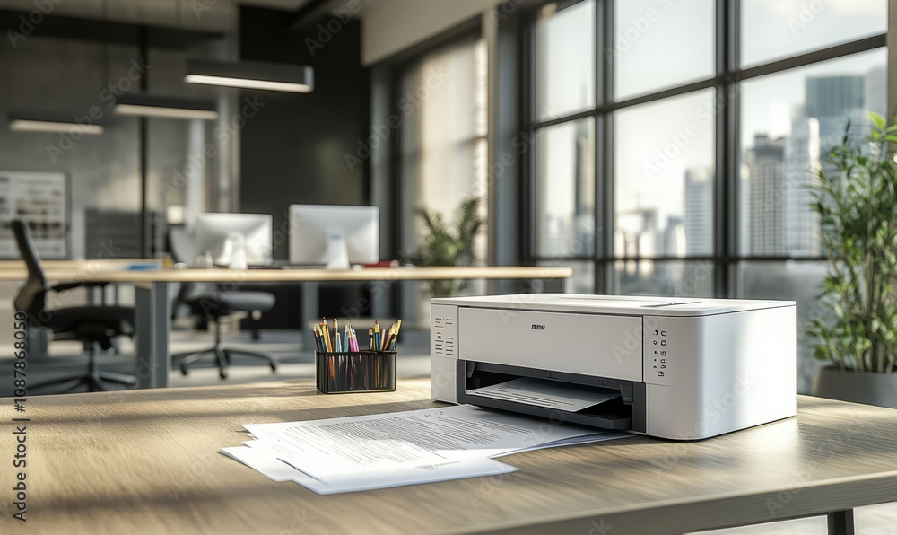 A modern office printer on a desk printing documents, with an office workspace in the background featuring desks, chairs, and office supplies A modern office printer on a desk printing documents, with an office workspace in the background featuring desks, chairs, and office supplies