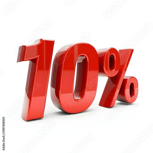 Vibrant 3D image of bold, glossy red text showing '10%' on a pure white background. The text features a sleek and modern design, with reflective and hyper-realistic details ideal for promotional and m