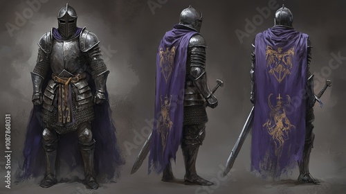 A medieval knight clad in shining armor stands confidently, wielding a sword. The dark purple cape billows slightly, showcasing intricate designs as he prepares for battle in a dramatic environment photo