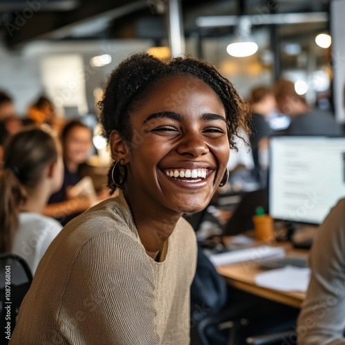 Happy professionals working together in a modern office environment during th...