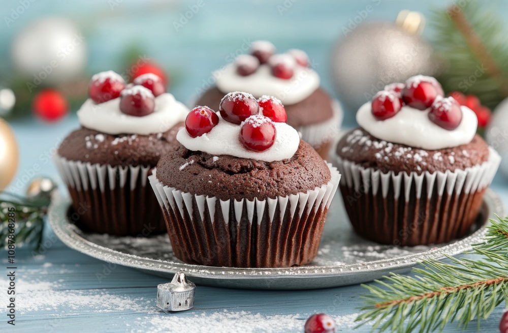 Delicious holiday cupcakes topped with cranberries on a festive table setting Delicious holiday cupcakes topped with cranberries on a festive table setting