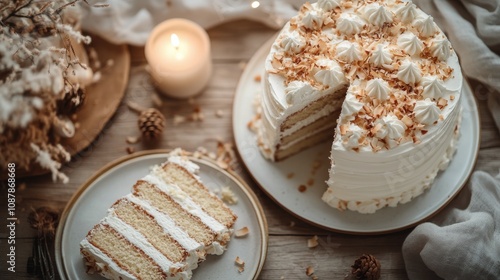Delicious layered cake with cream and toppings surrounded by decorative eleme...