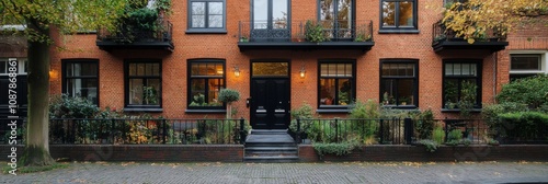 Charming residential street with a classic brick house and lush greenery on a...