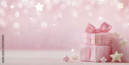 Colorful gift boxes with ribbons and stars on a pink sparkling background for...