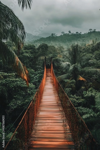 A serene forest canopy walk on a hanging bridge surrounded by lush greenery a...
