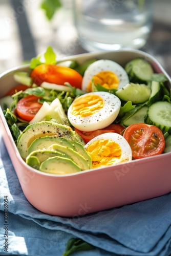 Healthy salad bowl with fresh vegetables and poached eggs on a sunny day picn...
