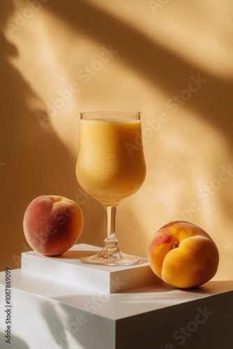 Refreshing peach smoothie in a glass with fresh peaches on a minimalistic tab...