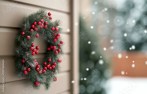 Beautiful winter wreath adorned with red ornaments and pinecones against a sn...