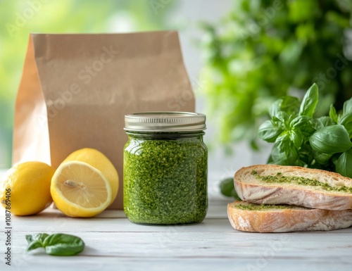 Freshly made pesto in a jar with bread slices and ingredients on a wooden tab...