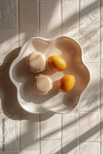 Sweet macarons and fresh oranges on a simple white plate displayed on a tiled...