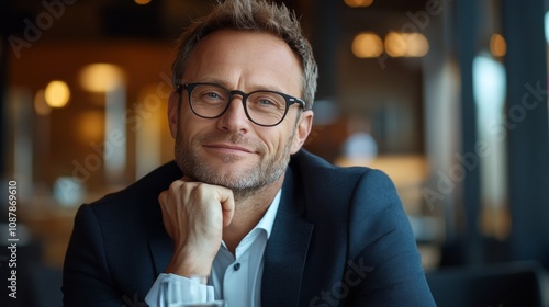 A cheerful middle aged man with glasses enjoys a drink in a cozy cafe during ...