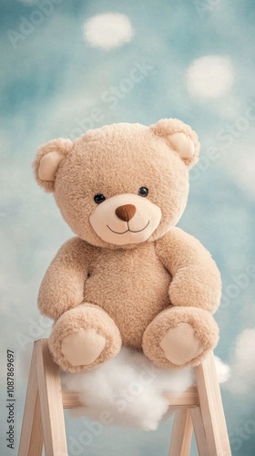 Soft teddy bear sitting on fluffy clouds with blue background during a serene...