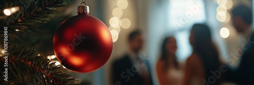 Holiday gathering with a Christmas tree and a red ornament in a cozy, warmly ...