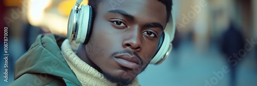 Young man relaxing with headphones in urban setting during daytime