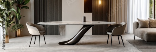 Modern dining room with elegant round table and stylish chairs in a contempor...