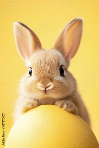 Cute white rabbit resting on a white egg with yellow background during spring...
