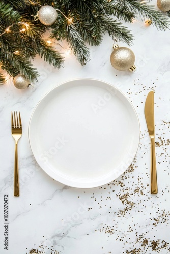 Elegant holiday dining setup with a white plate, gold utensils, and festive d...