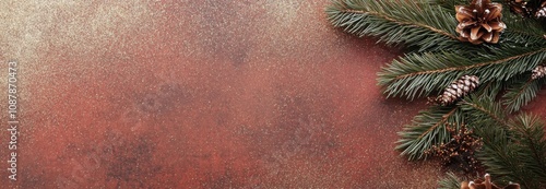 Festive pine branch and cone decor on textured background for winter celebrat...