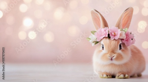 Cute bunny wearing a flower crown on a soft background during a spring celebr...