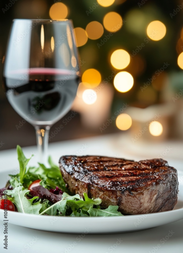 Enjoying a delicious steak dinner with salad and red wine at a cozy restaurant in the evening Enjoying a delicious steak dinner with salad and red wine at a cozy restaurant in the evening
