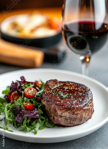 Enjoying a delicious steak dinner with salad and red wine at a cozy restauran...