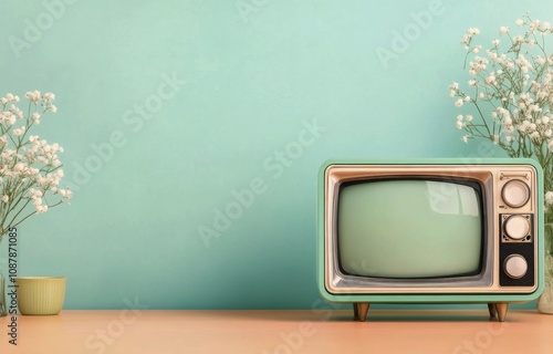 Vintage teal television with plants against a bright orange wall in a cozy li...