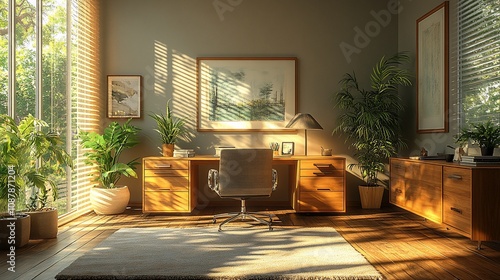 A serene office space with natural light, plants, and wooden furniture, ideal for productivity.