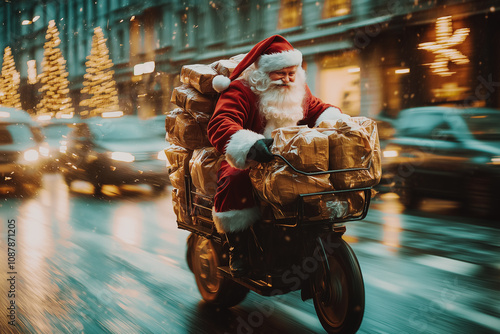 Santa Claus Hustling Through the Holiday Rush for Last-Minute Gift Shopping and Magical Christmas Eve Deliveries Across the Festive Wonderland