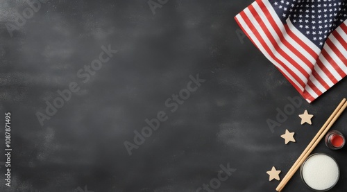 Decorative elements for a summer celebration with American flag, stars, and patriotic colors photo